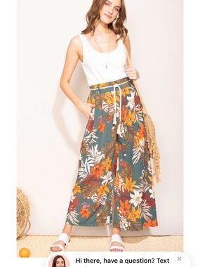 Pink Martini Teal Floral Wide-Leg Crop Pants